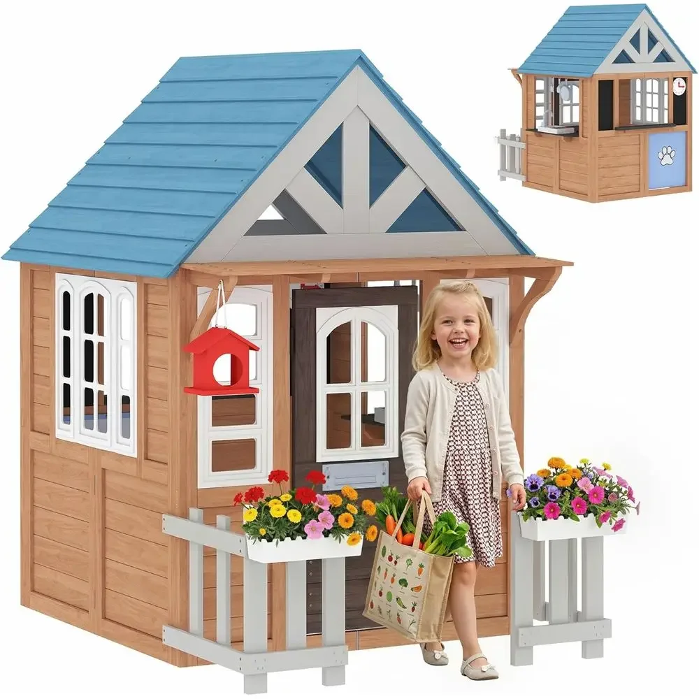 Kids Outdoor Wooden Playhouse - Maisonnette de jeu extérieure Qaba avec