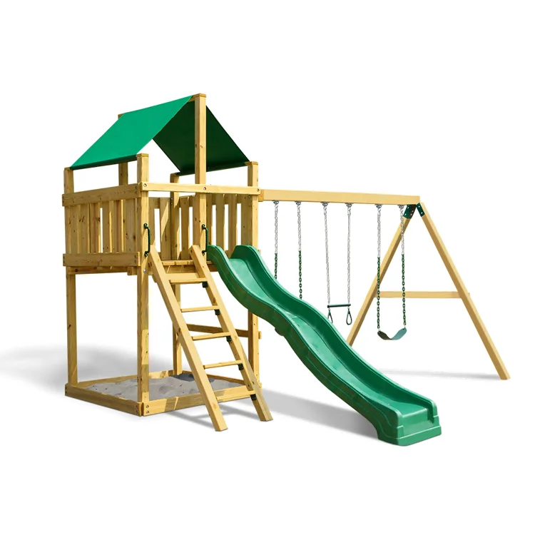 Kids Outdoor Swing Set With Slide - Ensemble toboggan et balançoire en bois